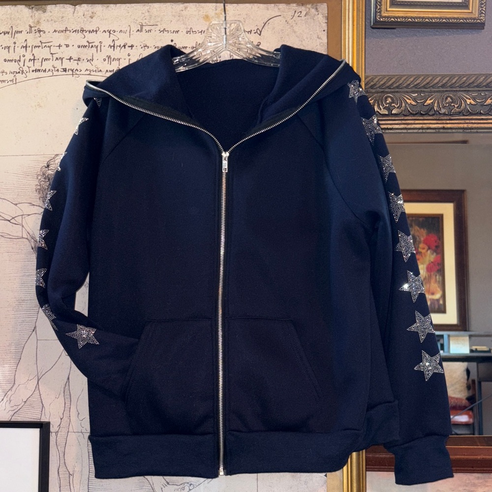 Navy Blue Hoodie with Silver Star Accents